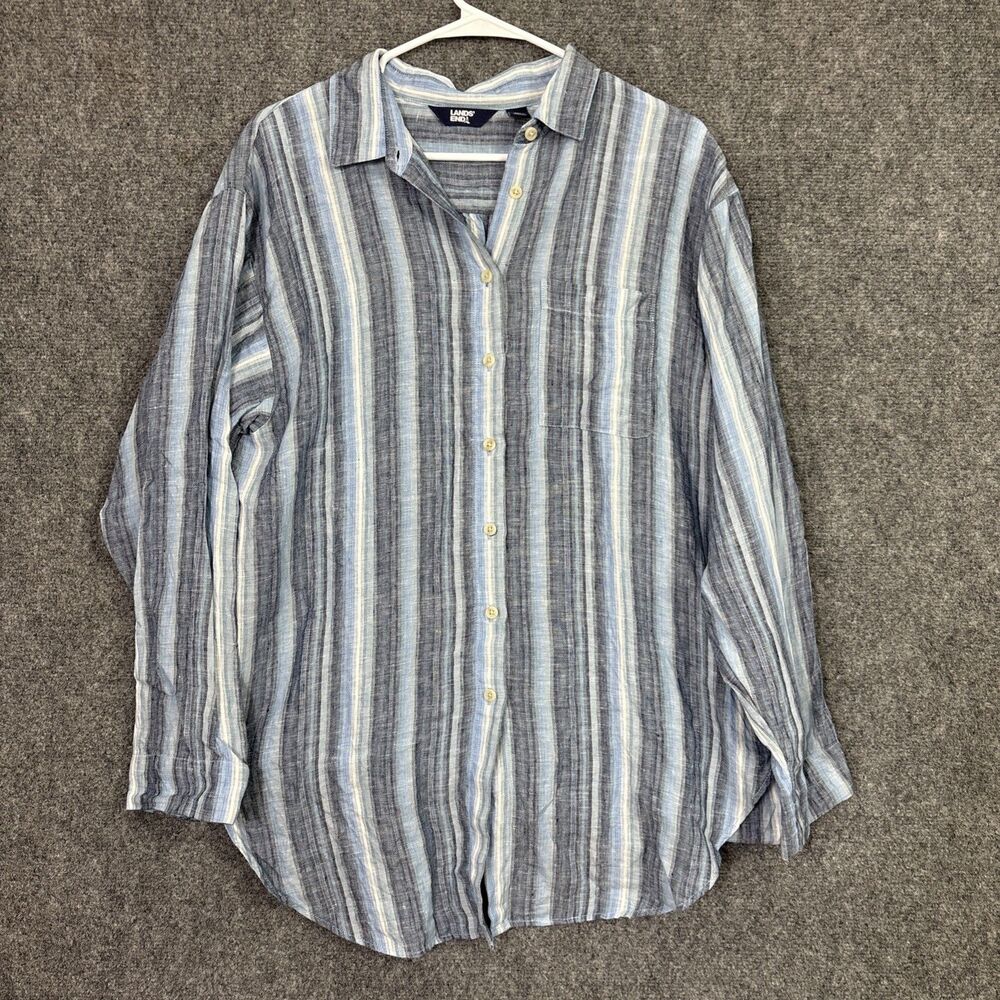Lands Ends Shirt Dress Womens Size S Blue Striped Linen Beach Coastal Cottage